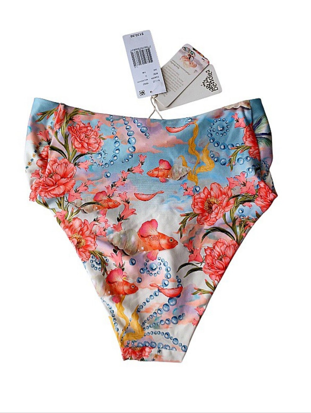 Agua Bendita Lily Nacar High-Waist Floral & Fish Print Bikini Bottom, Size XS/S